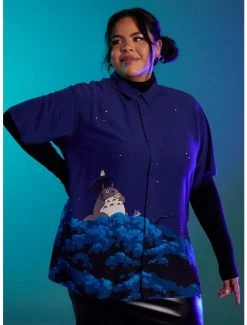 Promo 😍 Studio Ghibli My Neighbor Totoro Night Sky 👧 Girls Woven Button-Up Plus Size 👏
